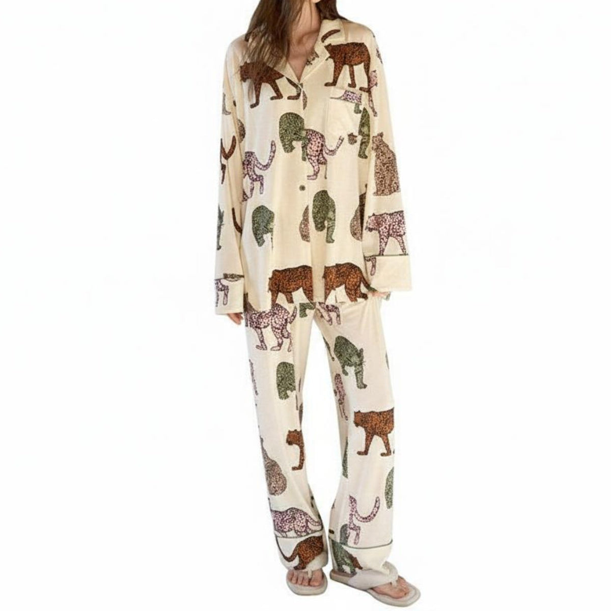 spotted feline Print Button-Front Sleep Suit Easy Care Button-Front Top and Pants Combo