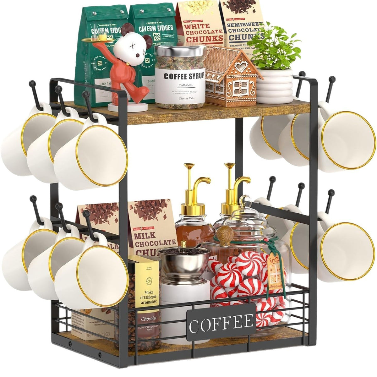 Hongkai 2-Tier Metal Desktop Storage Rack for Kitchen Coffee Bar and Mugs