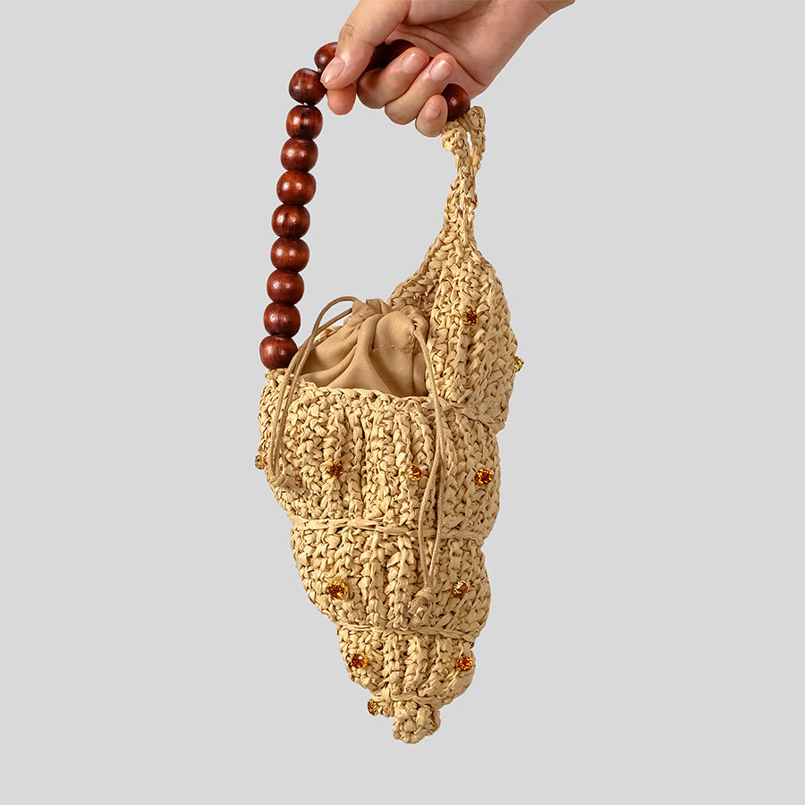 Creative Beaded Seashell Woven Straw Bag, Wooden Beads, Handbag, Summer Beach Bag, Women's Shoulder Bag 2025