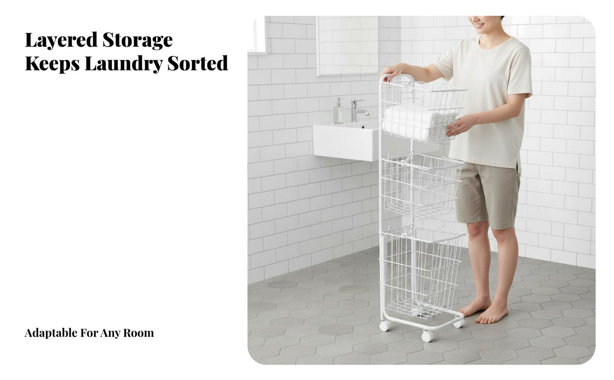 With Wheels 3 Tier Rolling Laundry Hamper Breathable Mesh 3 Tier Laundry Basket Space-Saving Storage Trolley Multi-Purpose for Families, Homeowners, Students, Bathroom, Bedroom, Dorm Room