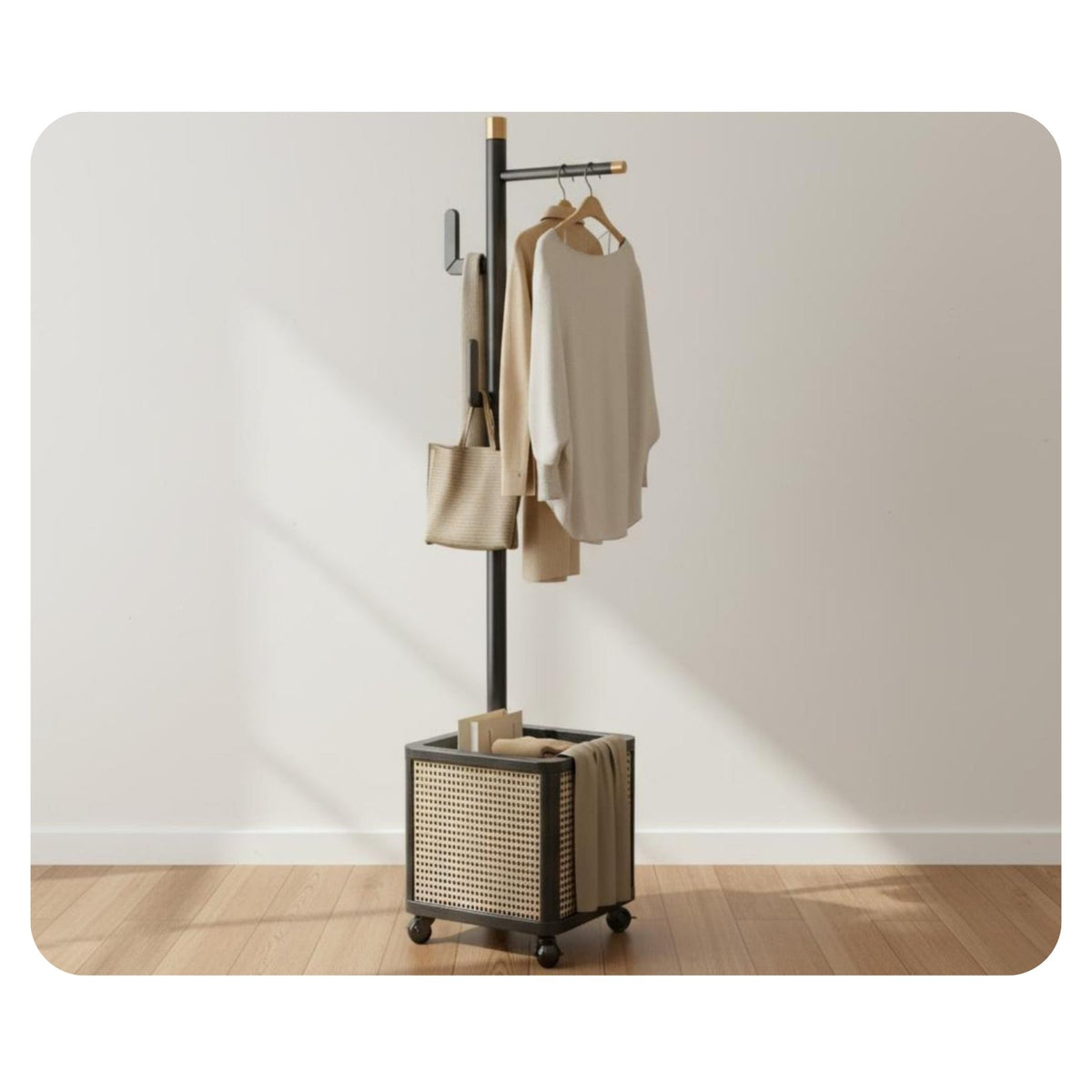 Rolling Clothes Rack with Basket Solid Wood Construction Wooden Coat Tree with Rattan Bin Mobile Design Storage Furniture for Entryway, Dorm Room