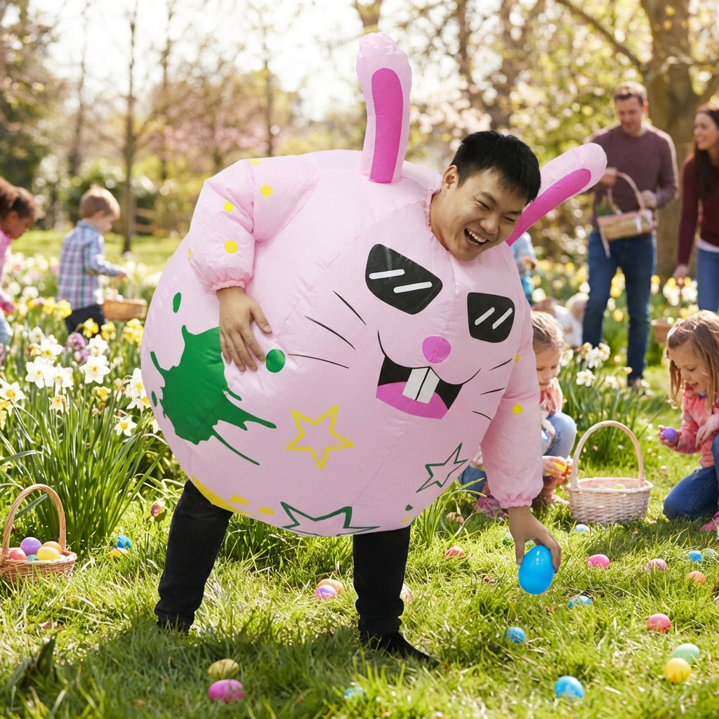 Pink Inflatable Bunny Costume, Funny Easter Hare Fancy Dress with Cool Sunglasses, Blow Up Novelty Outfit for Adults, Parties & Festivals