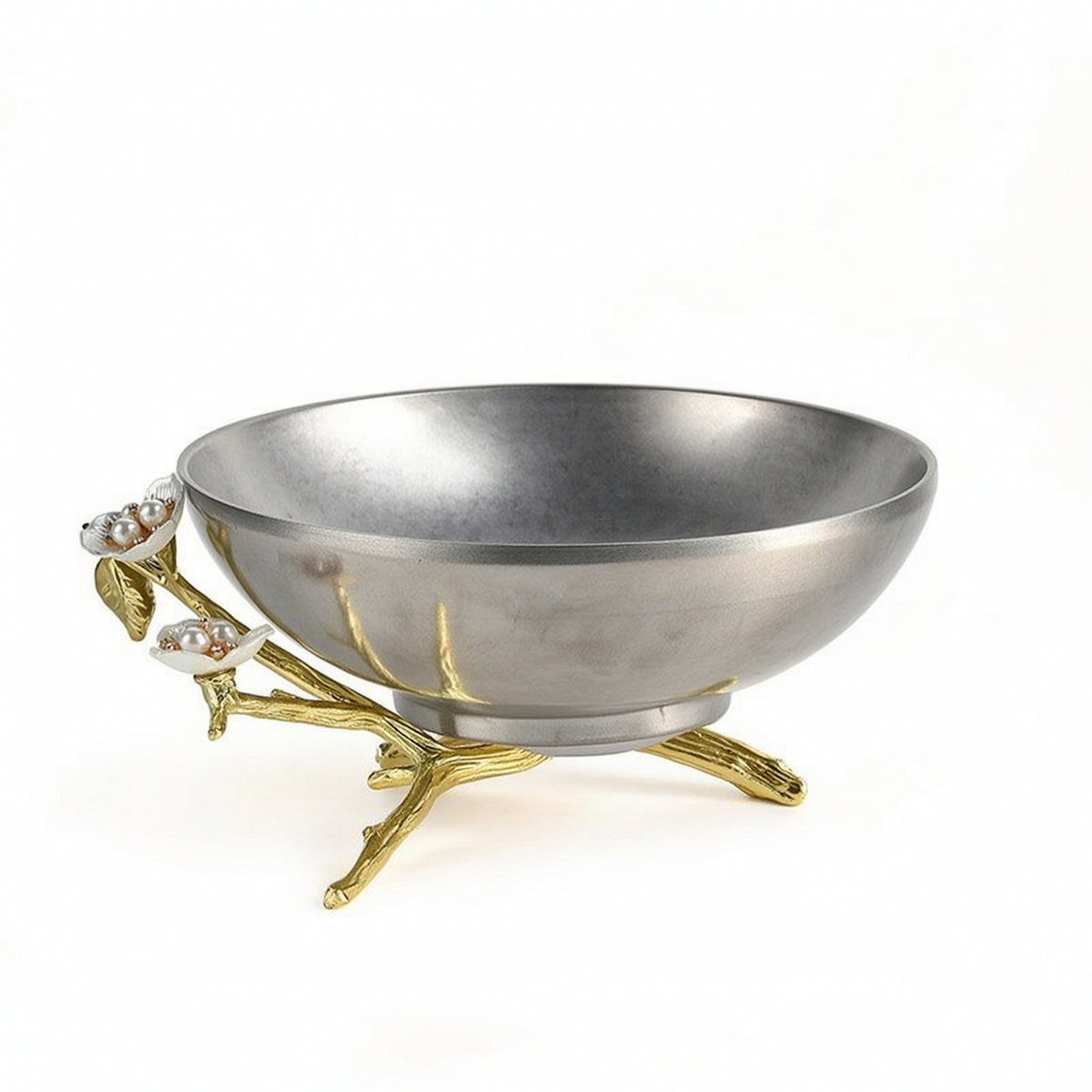 Decorative Bowl with Floral Base Silver-Tone Stainless Steel Fruit Bowl Glossy