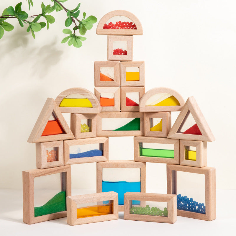 Wooden Flowing Sand Building Blocks Rainbow Creative Puzzle Toy