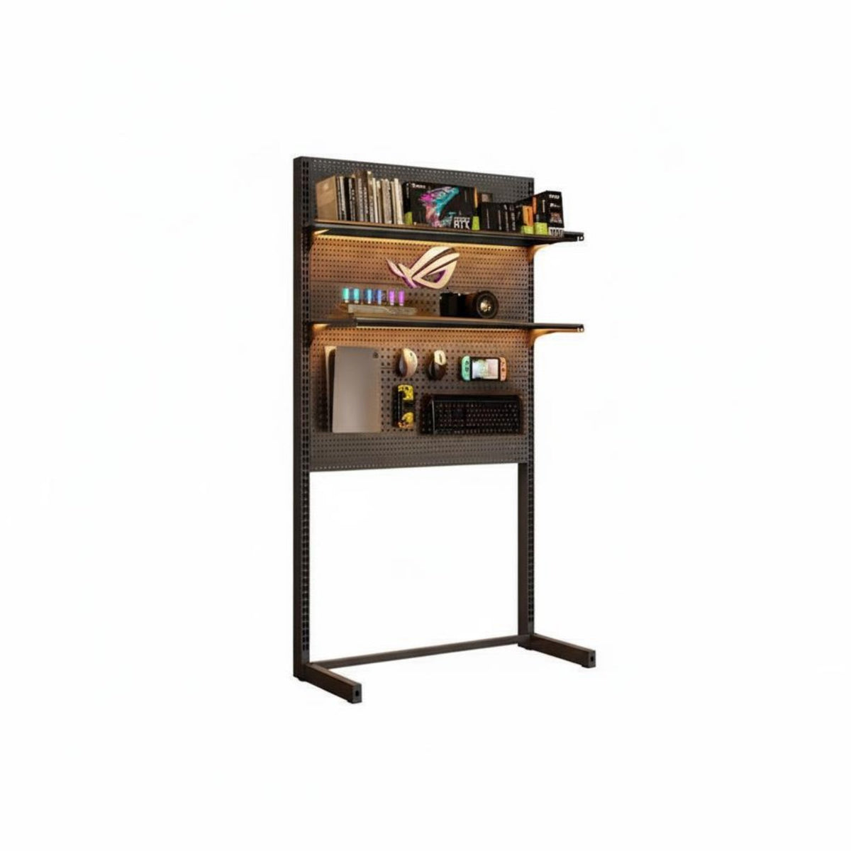 Freestanding Pegboard Shelf Space Saving No Tools Required Vertical Storage Rack Stable Construction Gaming Desk Organizer for Hobbyists, Home Office