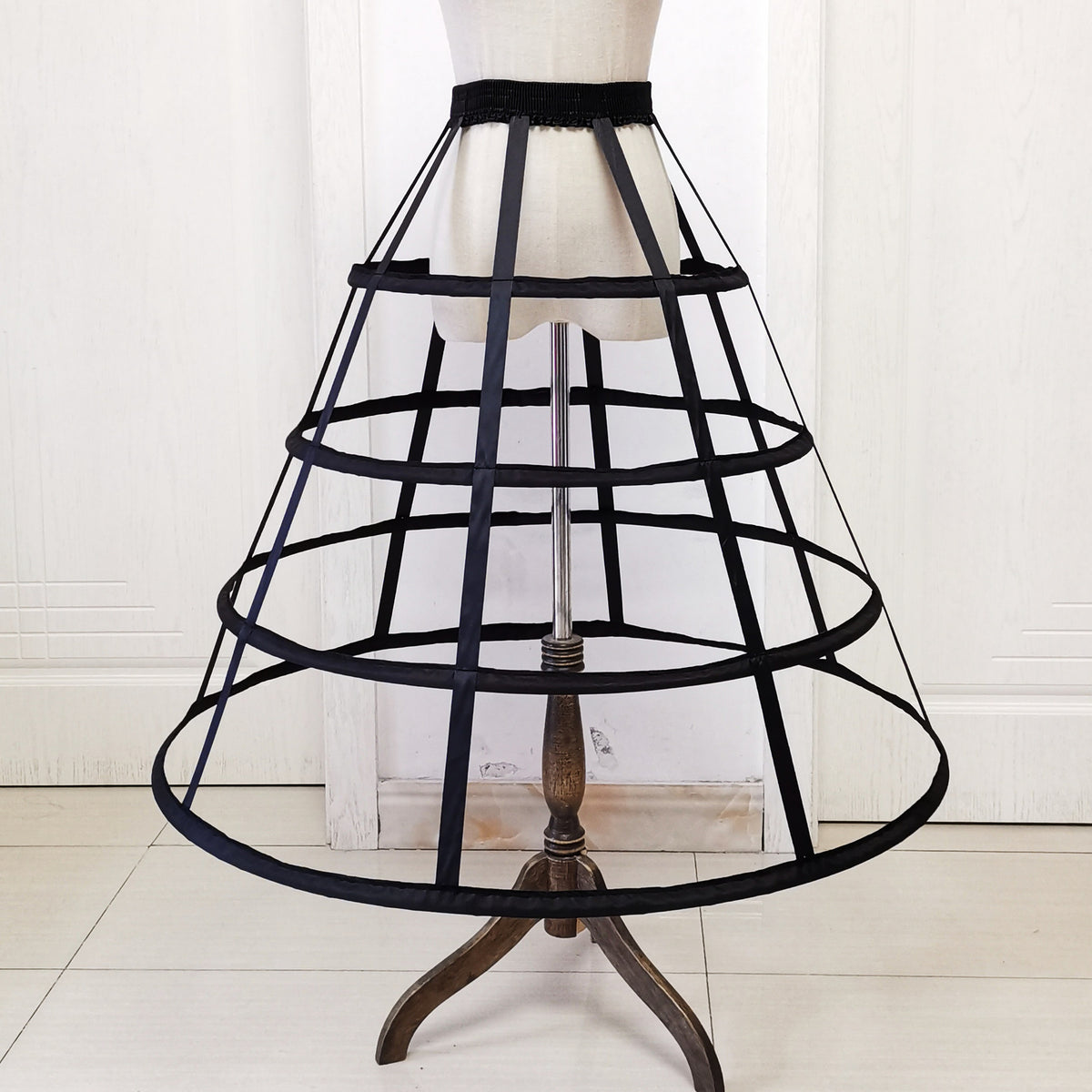 Lolita Birdcage Crinoline Petticoat with 4 Steel Hoops, Elastic Waist, Black and White, for Cosplay Maid