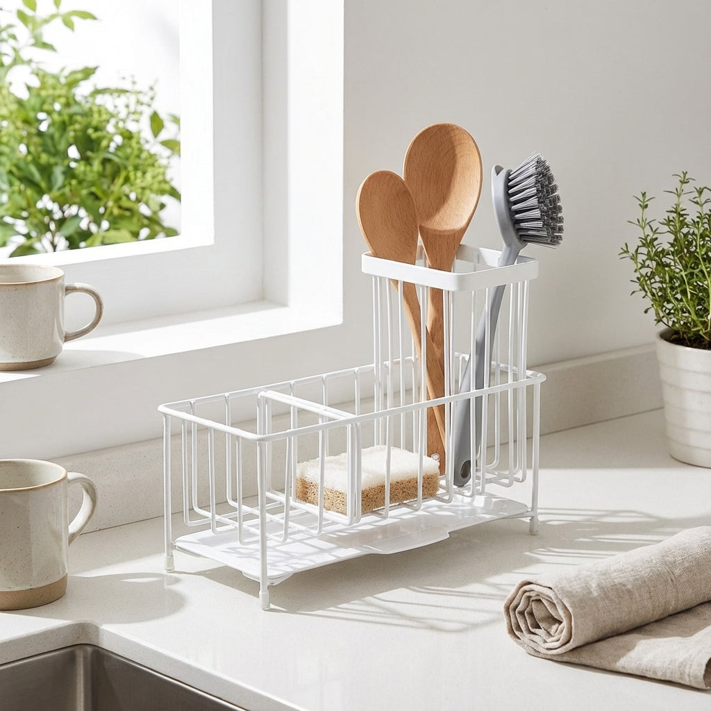 Kitchen Sink Organizer Sponge Holder with Drip Tray, 304 Stainless Steel Countertop Drainer and Dish Brush Holder for Small Kitchen Storage Area
