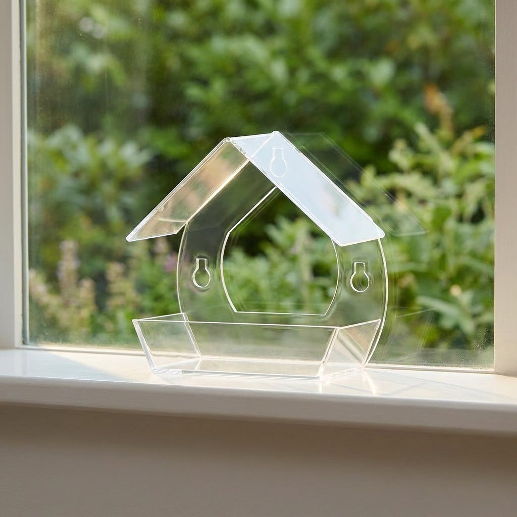 Acrylic Bird Feeder with Suction Cup, House Shape Small Bird Feeder with Sloped Roof and Drainage Holes