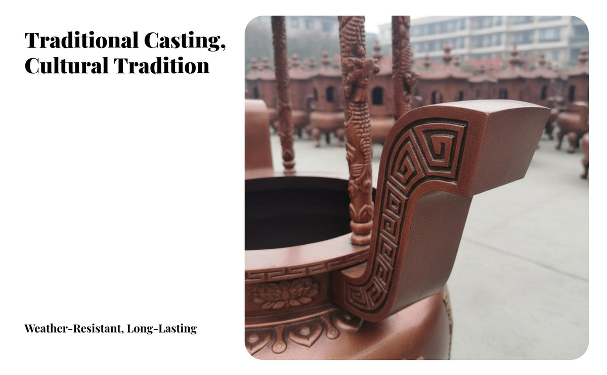 Large Outdoor Temple Censer Ornate Traditional Design Six Dragon Pillar Ceremonial Smoke Burner Weather Resistant Round Cast Iron Ceremonial Smoke Urn