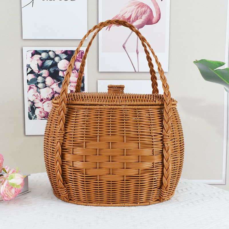 Rattan-Style Shopping Basket with Lid for Outdoor Picnics
