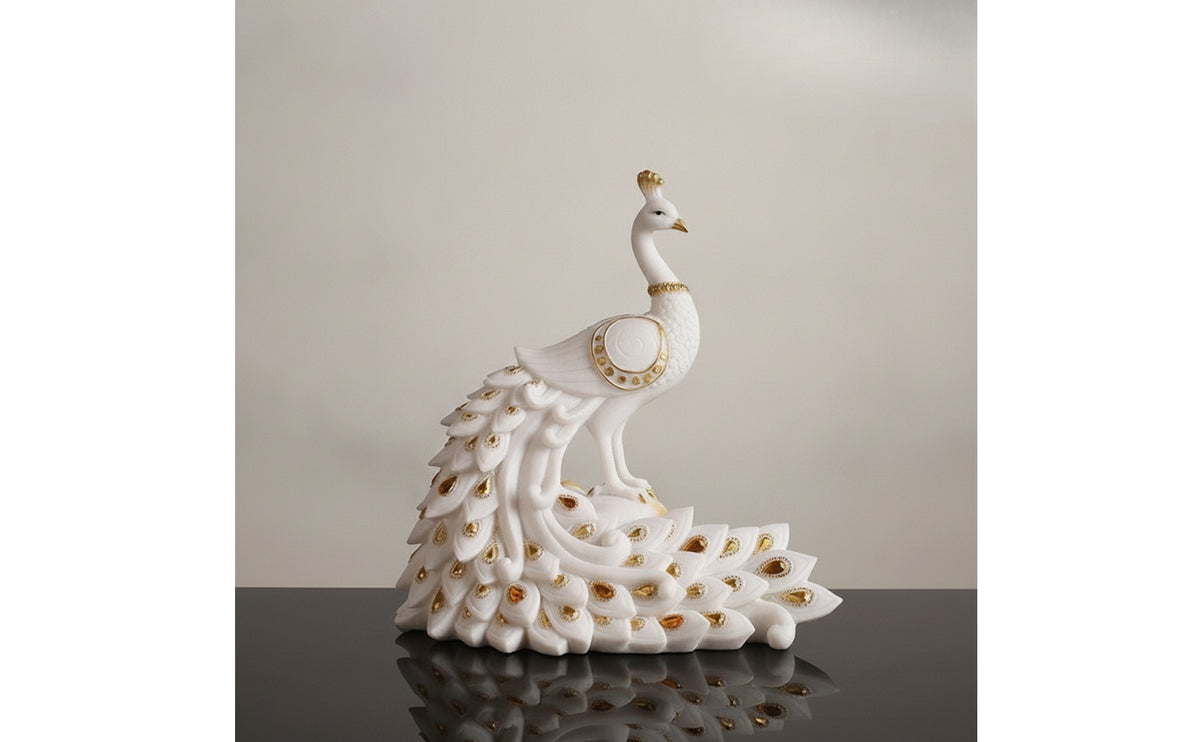 Resin Peacock Figurine with Base Gold-Tone Peacock Figurine Sculpted Sculpture Tabletop for Homeowners, Art Collectors, Living Room, Entryway, Tv Stand, Housewarming