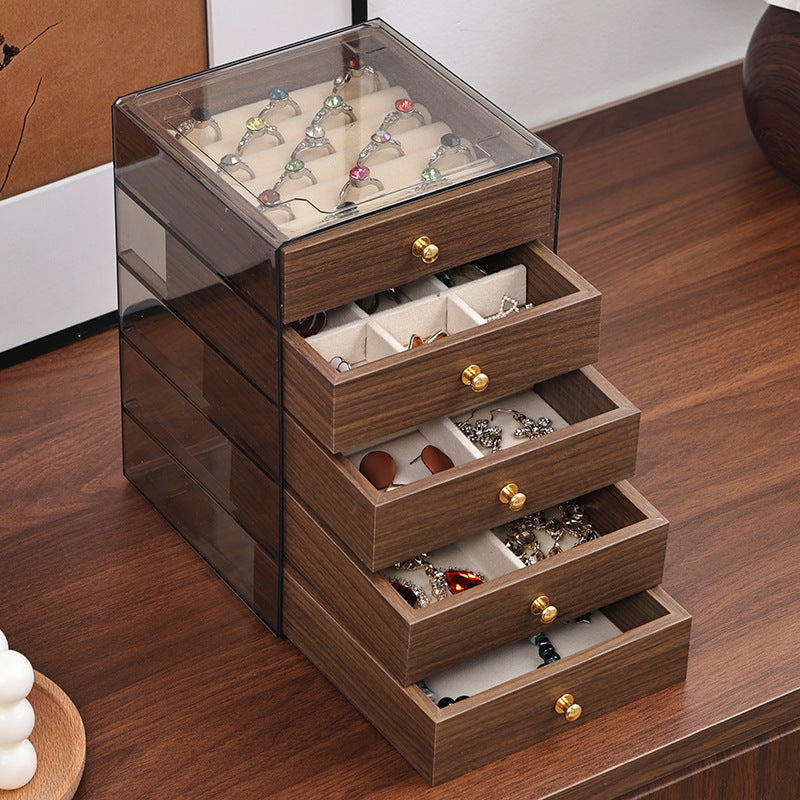 Square Five-Layer Jewelry Storage Box with Walnut Wood Grain Drawers