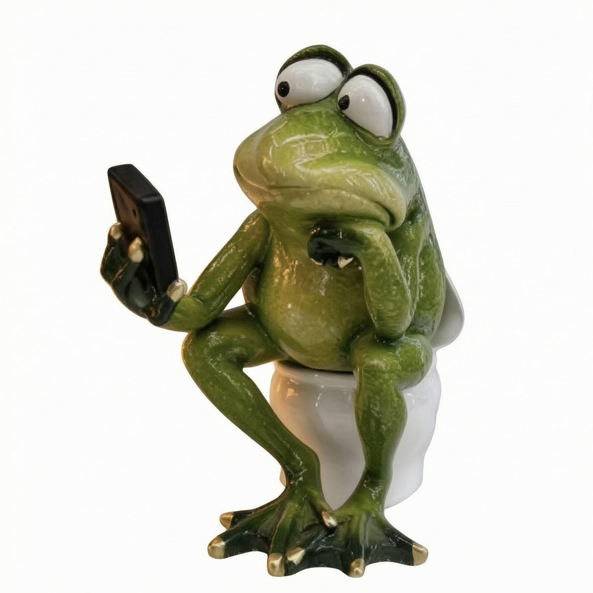Frog on Toilet Figurine Smartphone Toilet Frog Figurine Gold-Tipped Table Ornament for Tabletop