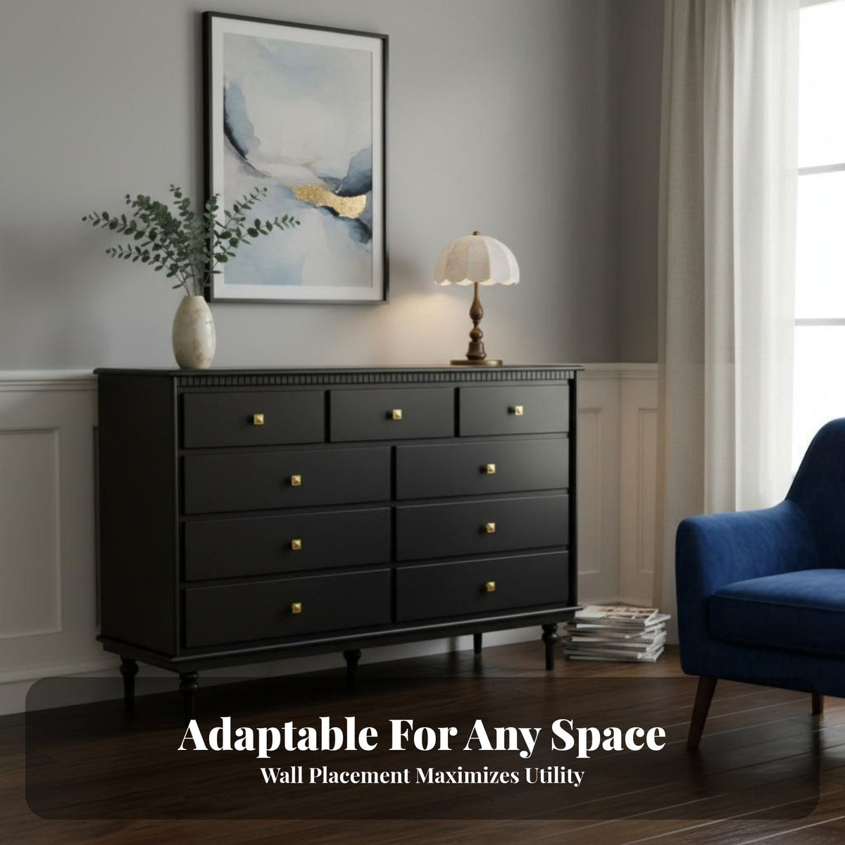 Black Finish 9-Drawer tall chest of drawers hardwood Wood Construction Tall Narrow Drawer Unit Space-Saving Chest of Drawers Large Storage Capacity for Apartment Dwellers, Office Workers, Living Room, Small Spaces, Hallway, Entryway