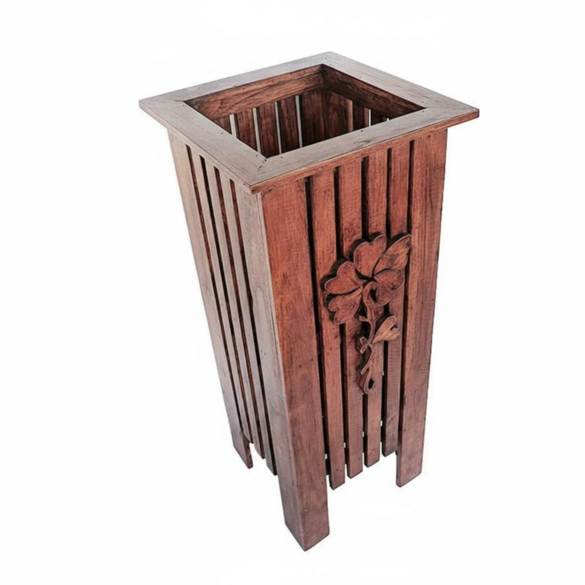 Carved Wooden Basket Handmade Square Umbrella Container Sturdy Construction