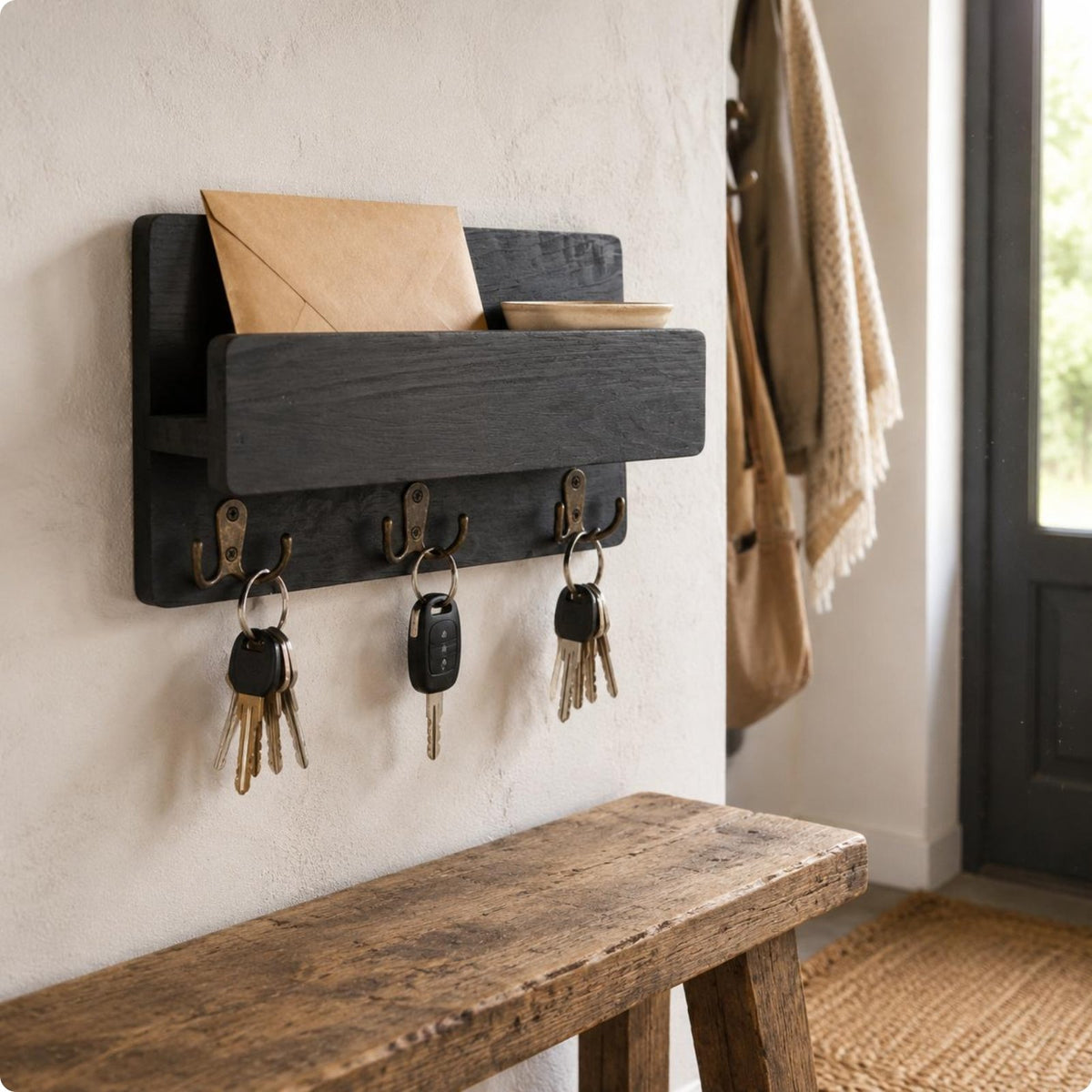 Farmhouse Wall Key Rack Solid Wood Entryway Organizer Easy Installation
