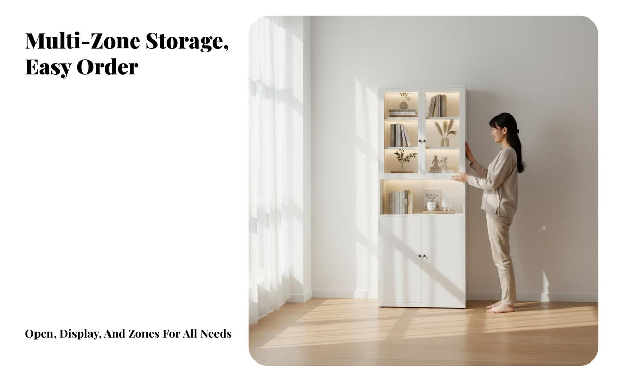 Dust-Proof Freestanding Cabinet with Glass Doors Sturdy Construction Tall Glass Door Cupboard Modern Design Bookcase Anti-Rust for Book Lovers, Collectors, Office Workers, Study Room, Bedroom