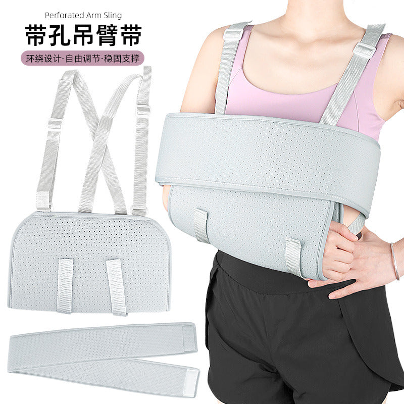 Gray Perforated Arm Sling with Adjustable Support for Forearm and Elbow