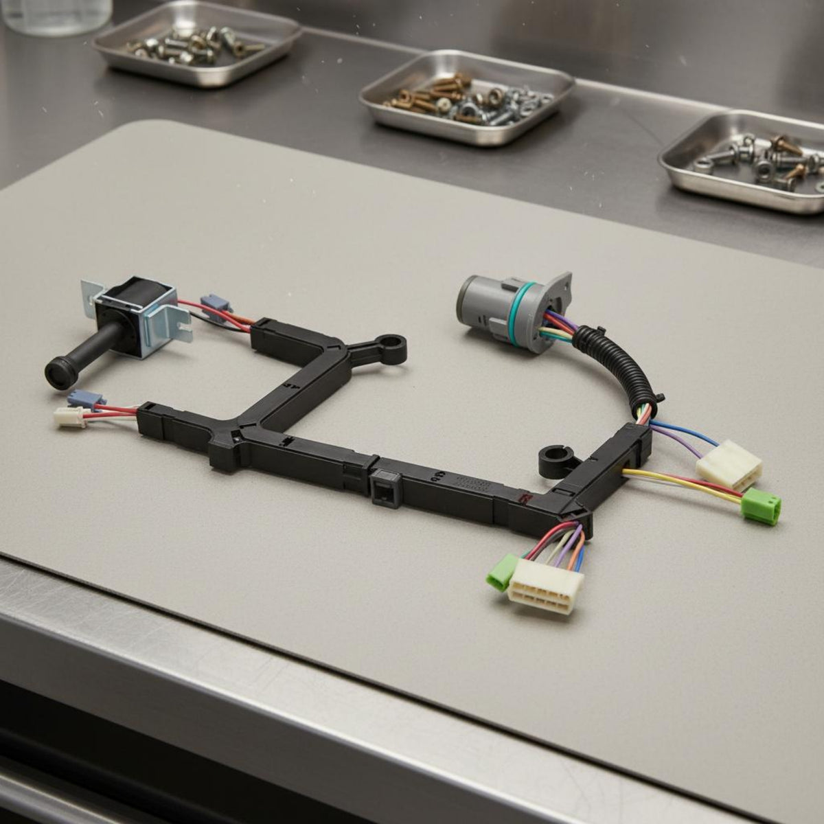 Corrugated Sleeve Solenoid Valve Wiring Harness Assembly Color Coded Terminals Transmission Solenoid Harness Black Plastic Auto Part Mounting Points