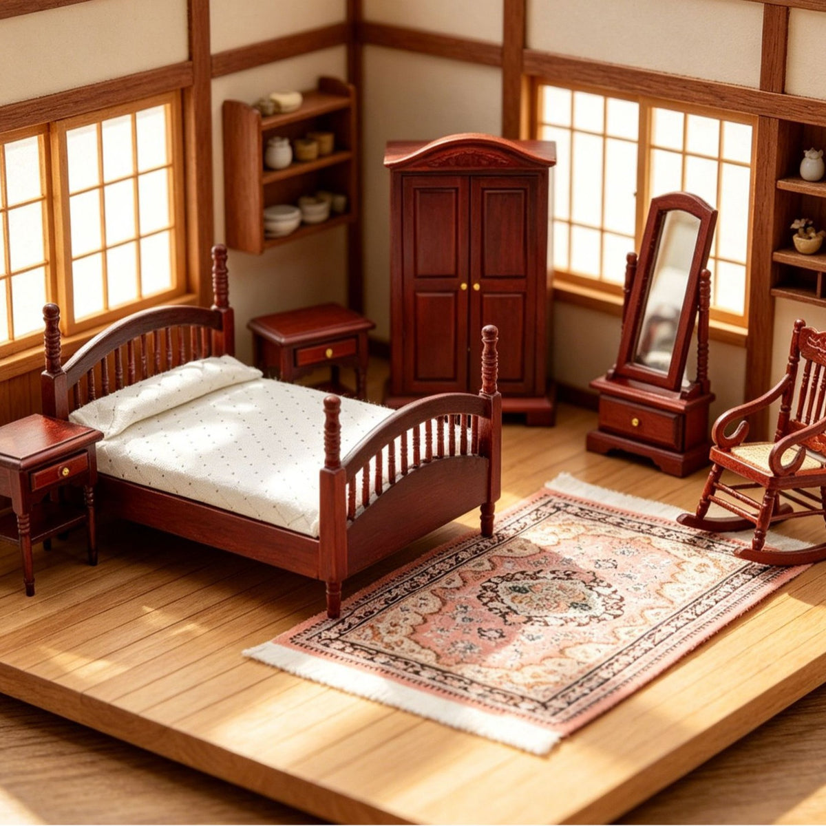 Dollhouse Miniature Furniture Model Ornaments 1:12 Miniature Bedroom Scene ob11 Wooden Bed Furniture 7-Piece Set