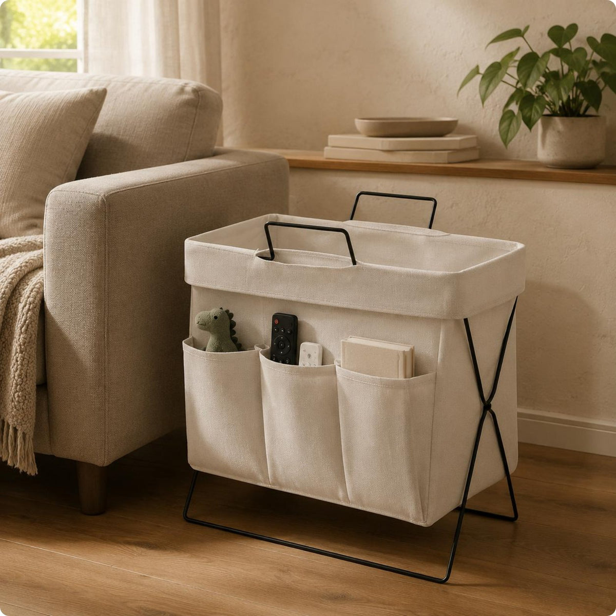 Standing Storage Basket Metal Stand Textile Organizer Basket for Bedroom