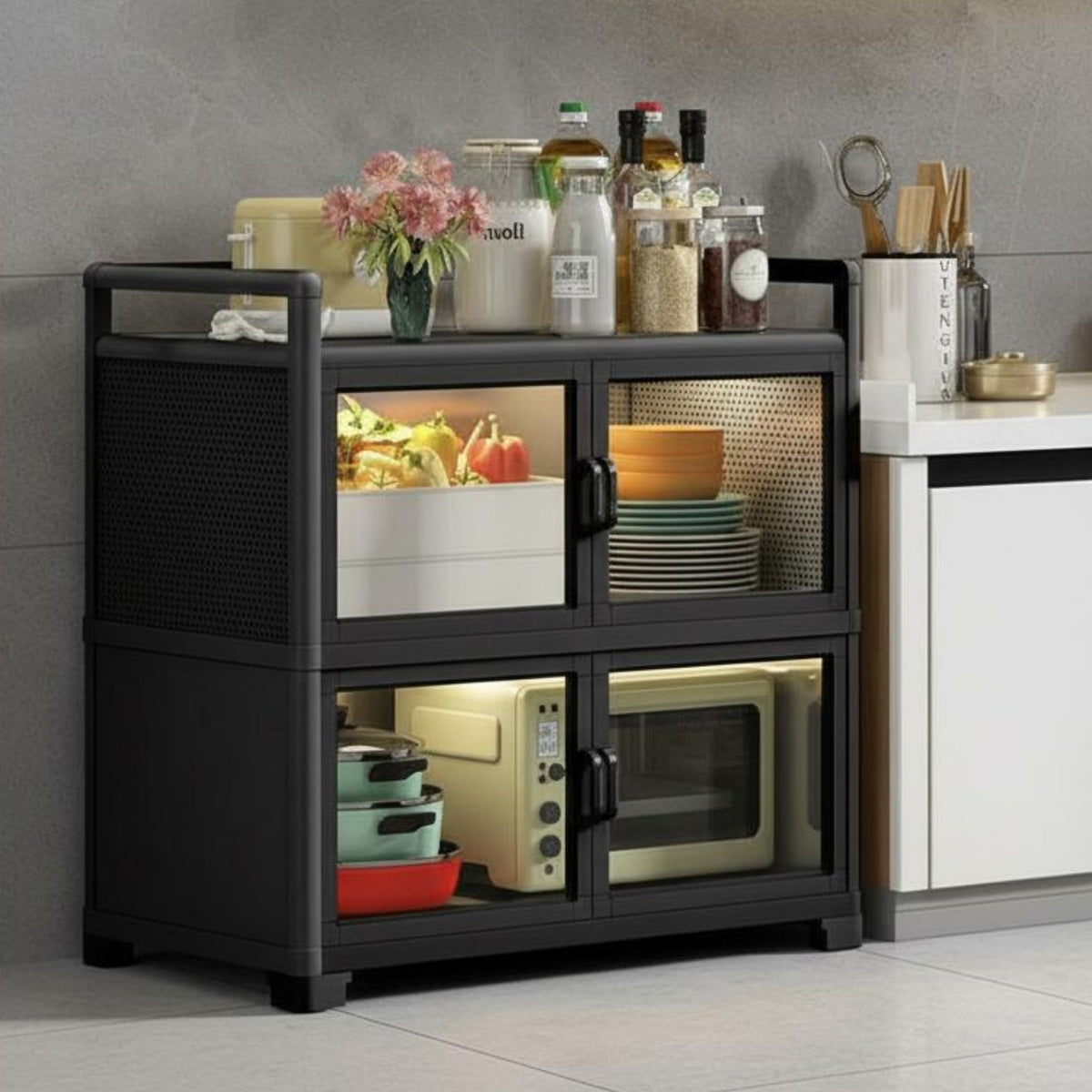 Kitchen Storage Cabinet with Doors Rust Resistant Metal Storage Cabinet on Wheels Heavy Duty Multi-Tier Kitchen Rack for Homeowners, Renters, Washroom