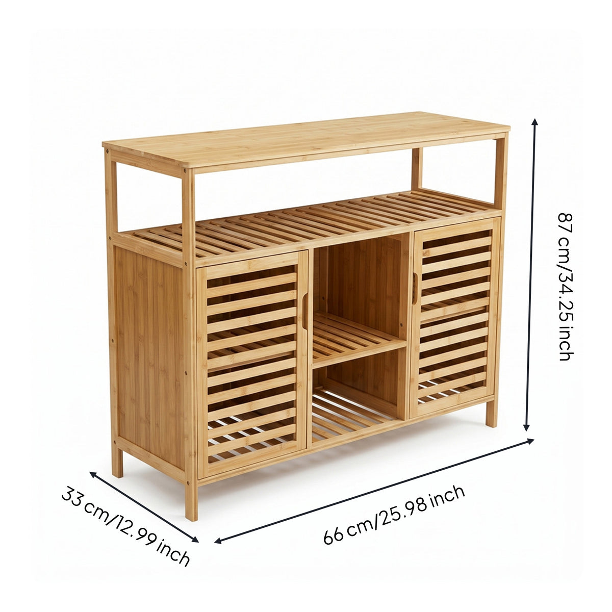 Storage Cabinet with Slatted Doors Freestanding Bamboo Sideboard Sturdy Bamboo Cabinet for Kitchen, Apartment
