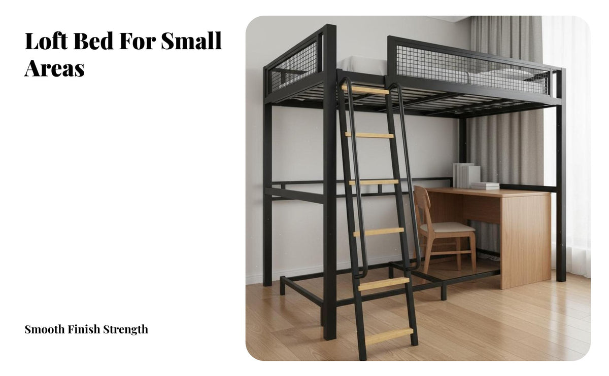 Space-Saving Metal Frame Loft Bed Safety Guardrail Metal Loft Bed Full-Length Guardrails Bedroom Furniture Heavy Duty for Students, Adults, Teens, Dormitory, Dorm Room, Small Apartment