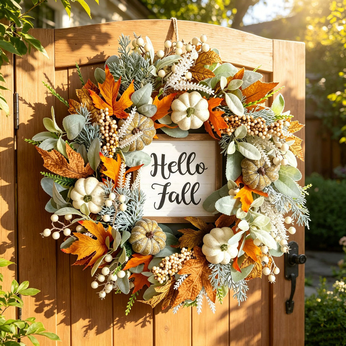 Realistic Pumpkin and Maple Leaf Wreath for Autumn Farmhouse Thanksgiving Decoration