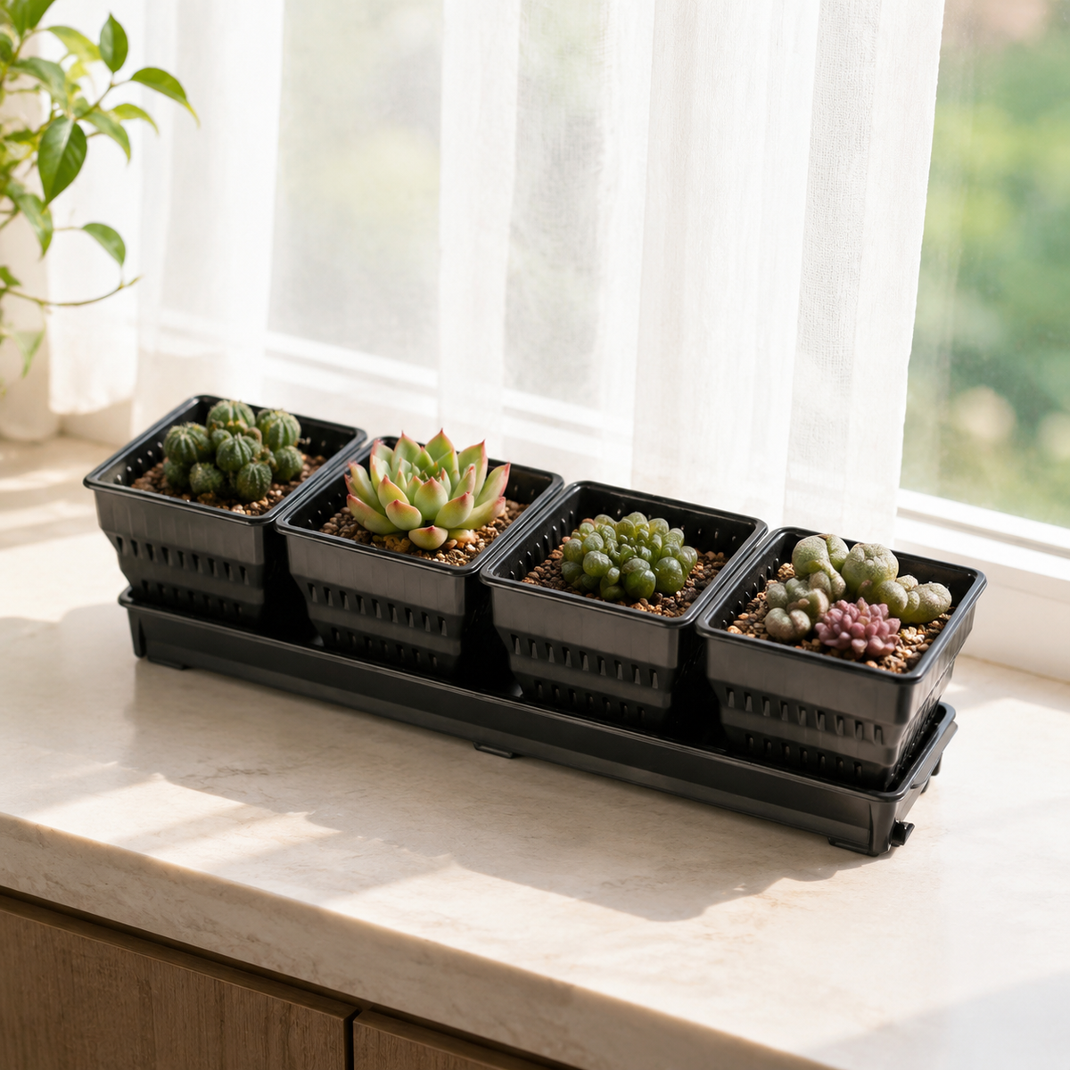 Square Planter Set with Saucers, 4 x 10cm Plant Pots Indoor, Breathable Drainage for Flowers Home Decor