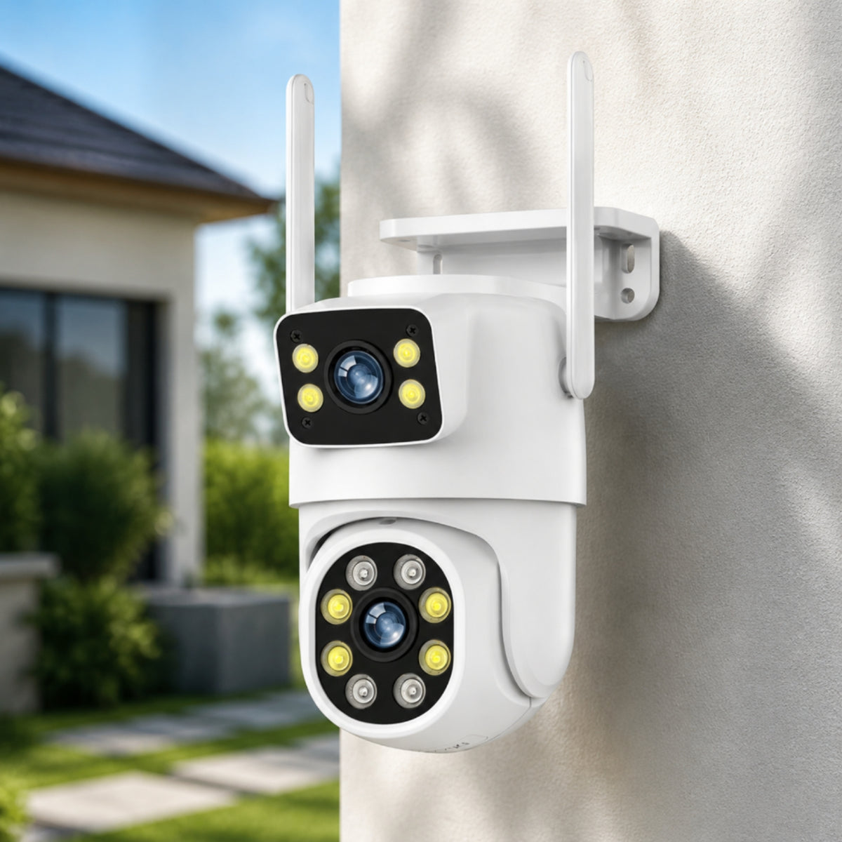 Outdoor WiFi Camera with Antennas Wireless Two-lensLens Camera Compact Hardwired for Home Entrance, Courtyard, Warehouse