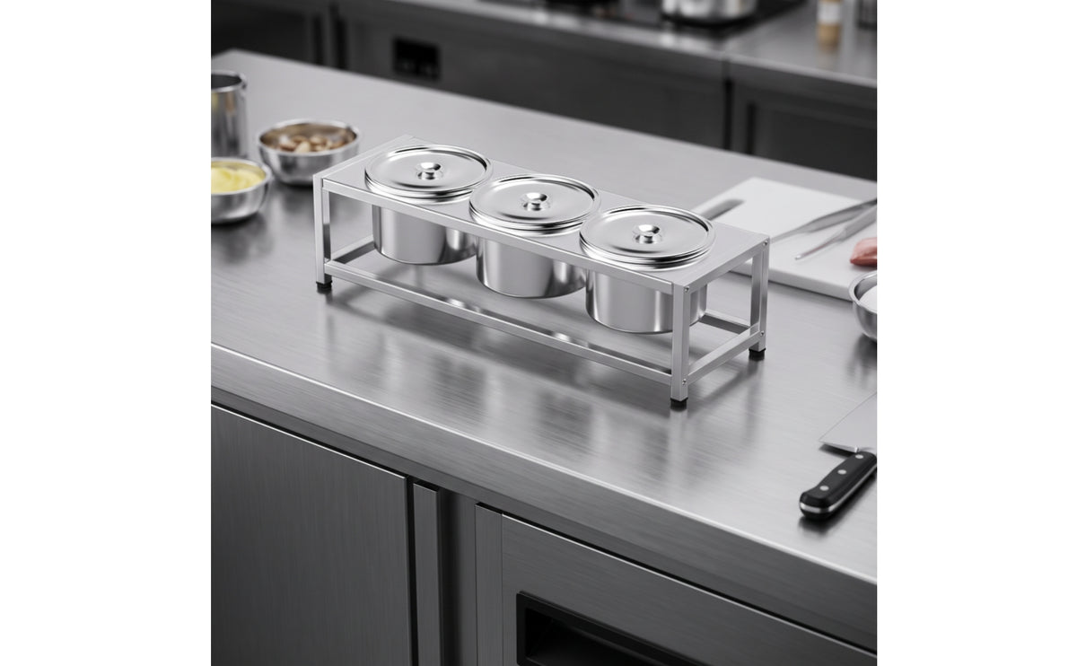 Condiment Rack with Pots Stable 3-Pot Seasoning Rack Rustproof Stainless Steel Condiment Stand for Restaurants, Buffet Lines, Barbecue Counters