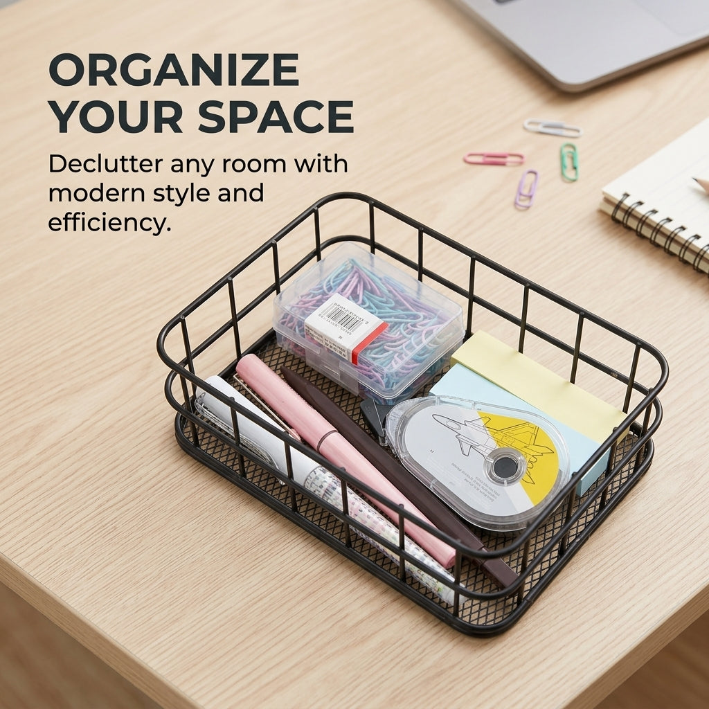 Storage Baskets for Shelves with Stainless Steel Metal Mesh Design, Large for Office Desk and Bathroom Organization