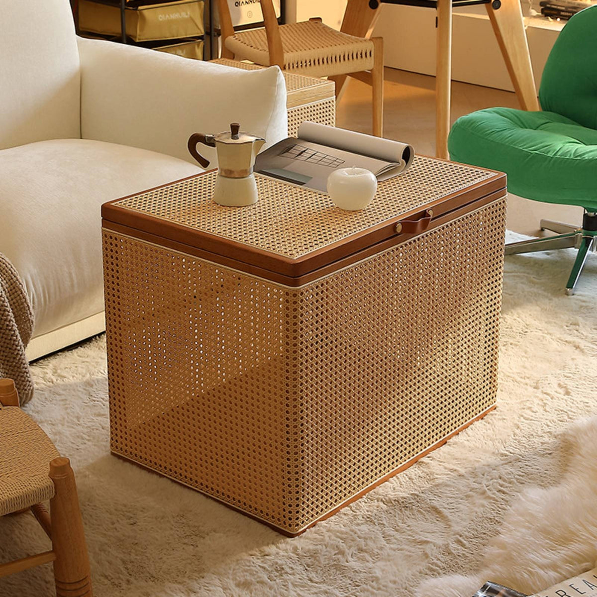 Braided Container Box with Lid Rectangular Cane Storage Basket with Lid Hinged Rattan Box for Bedroom, Living Room