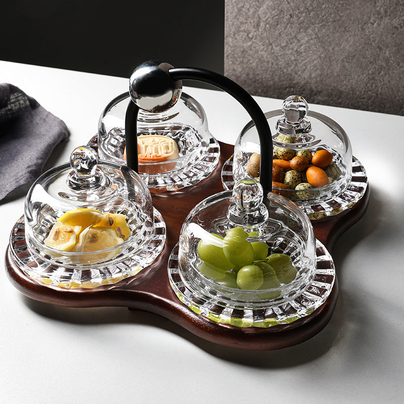 New Tea and Snack Tray with Glass Lid, Wooden Base, Six-Compartment Design