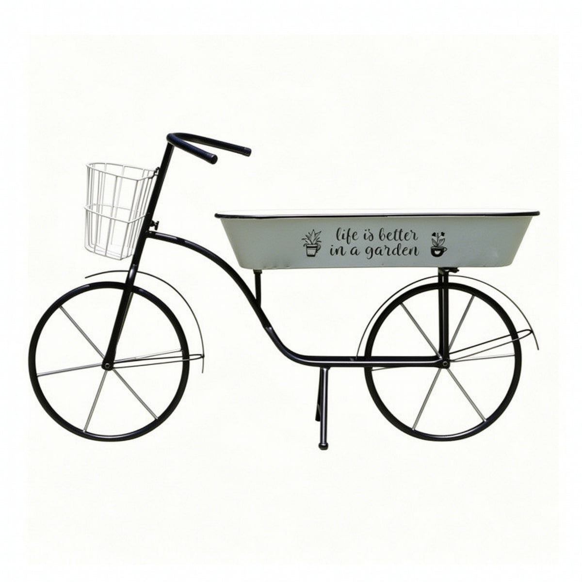 Two-Wheeled Plant Stand Standing Bike Design Planter Black Coated Planter with Basket for Porch