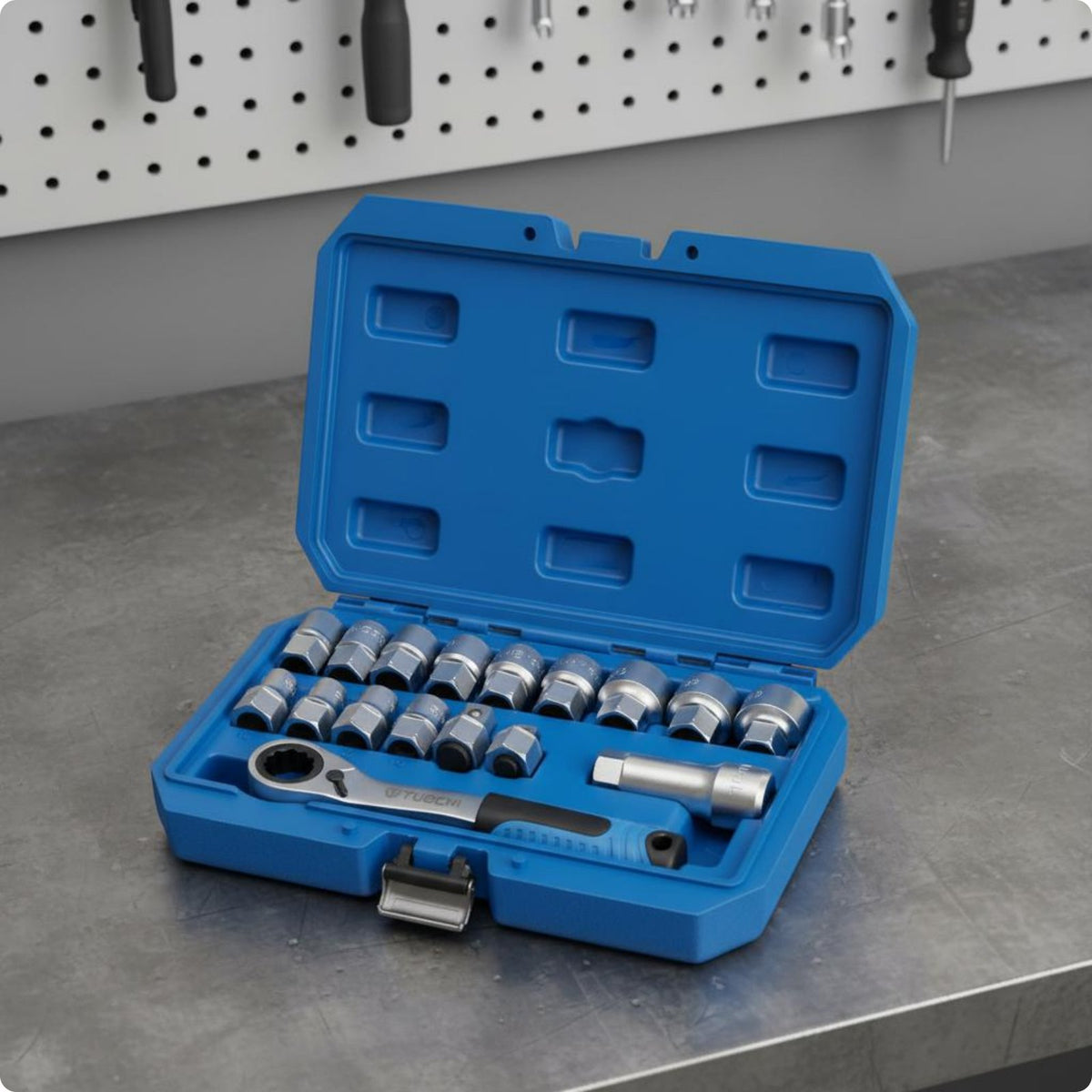 17 Pieces Reversible 12-Point Socket Set Hard to Reach Areas Through Socket Wrench Set Organized Storage for Auto Repair, Workshop, Garage