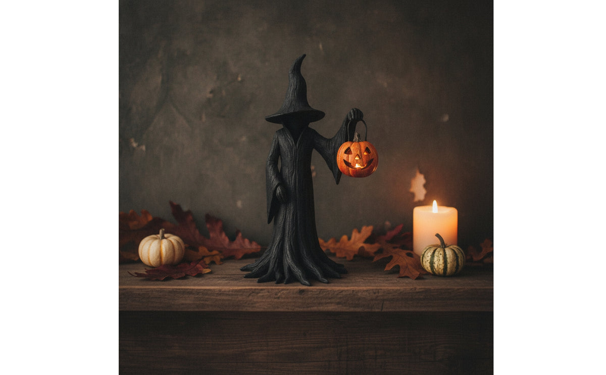 Witch Figurine with Pumpkin Spooky Hooded Witch Statue Gothic for Mantel