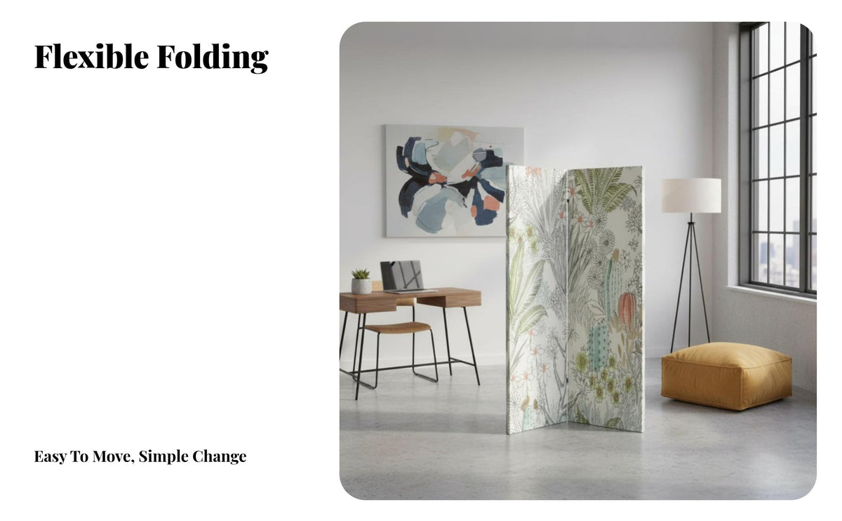 Foldable Botanical Print Folding Screen Movable Freestanding Panel Divider French Design Room Partition Decorative for Apartment Dwellers, Homeowners, Office Workers, Bedroom