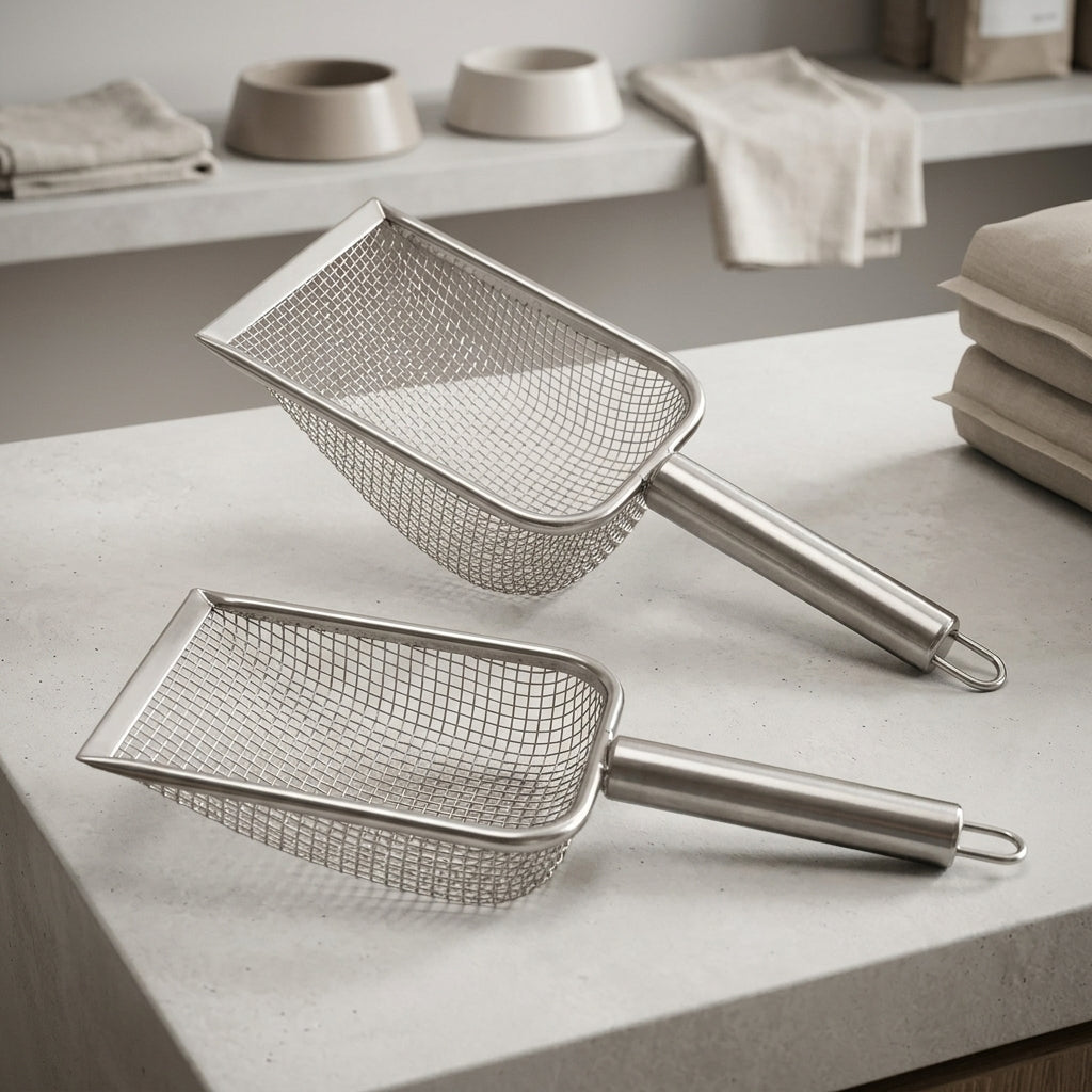 Litter Scooper Cat Sifter with Fine Steel Mesh, Stainless Steel Metal Sifter for Bentonite and Mineral Clumping Litter