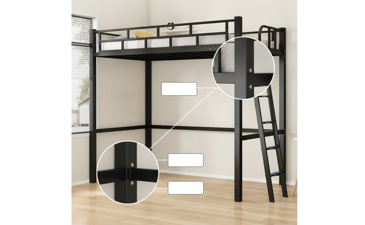 Metal Loft Bed Space Saving Loft Bed Frame No Box Spring Needed Furniture for Students, Teens, Small Apartments, Dorm Rooms, Bedrooms