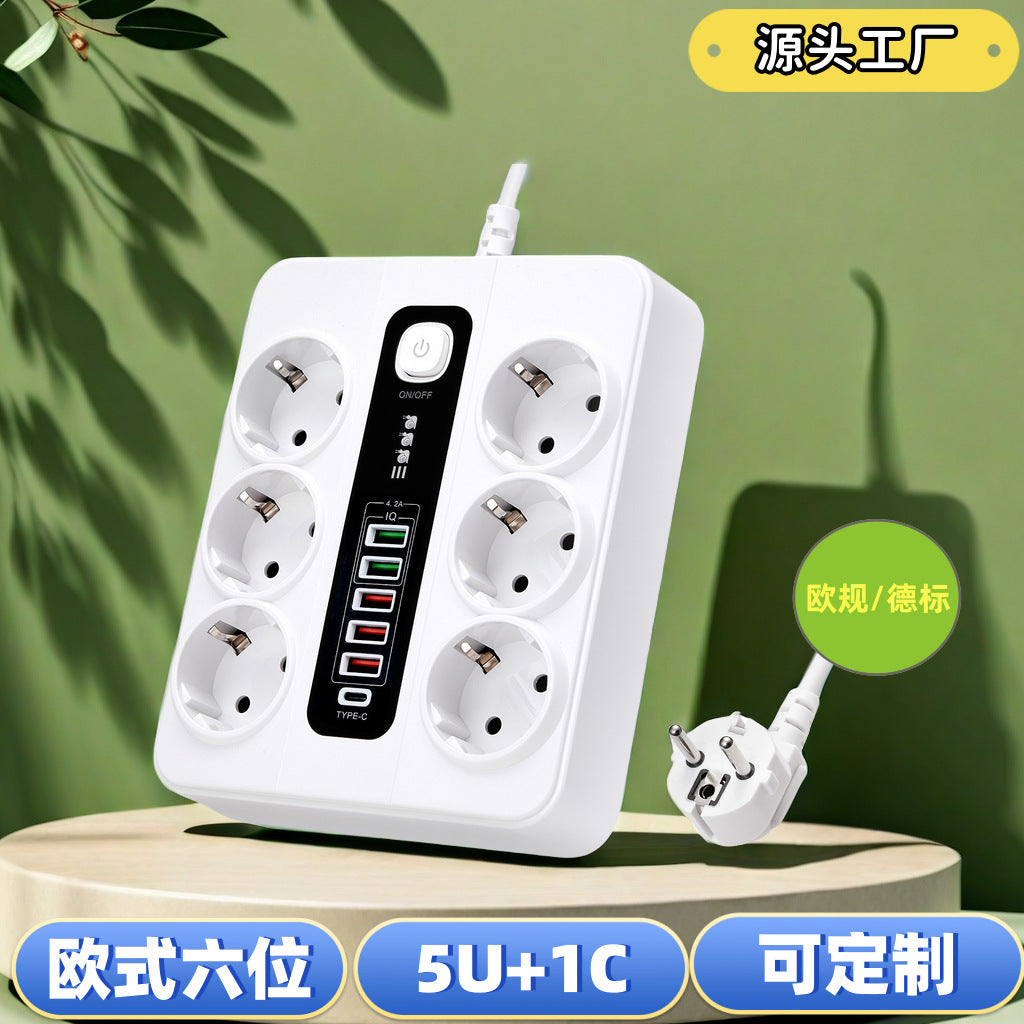 Power Strip with 6 Outlets, 5 USB Ports and 1 Type-C, 12-in-1, EU Standard