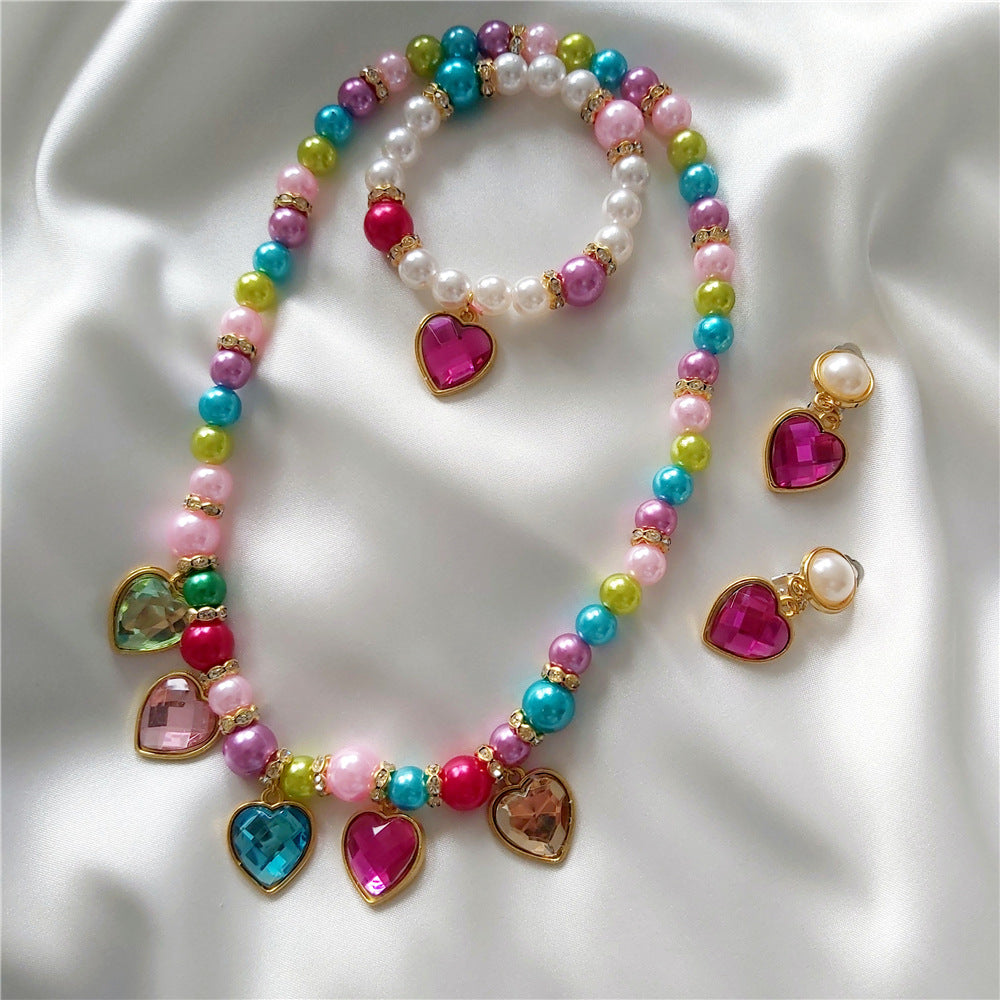 Kids' Heart Gemstone Rainbow Princess Jewelry Set - Necklace, Bracelet & Earrings