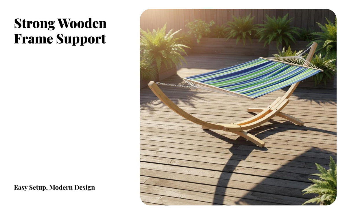 2-Person Capacity Swing Bed with Stand Weather-Resistant Wooden Arc Swing Bed Heavy Duty Outdoor Furniture Hardwood Spreader Bar for Couples, Families, Homeowners, Garden, Backyard, Balcony, Poolside