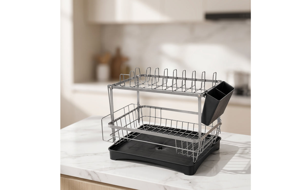 2-Tier Dish Drying Rack Double-Layer Dish Rack with Drainboard Rust-Resistant Organizer Easy to Clean for Apartment