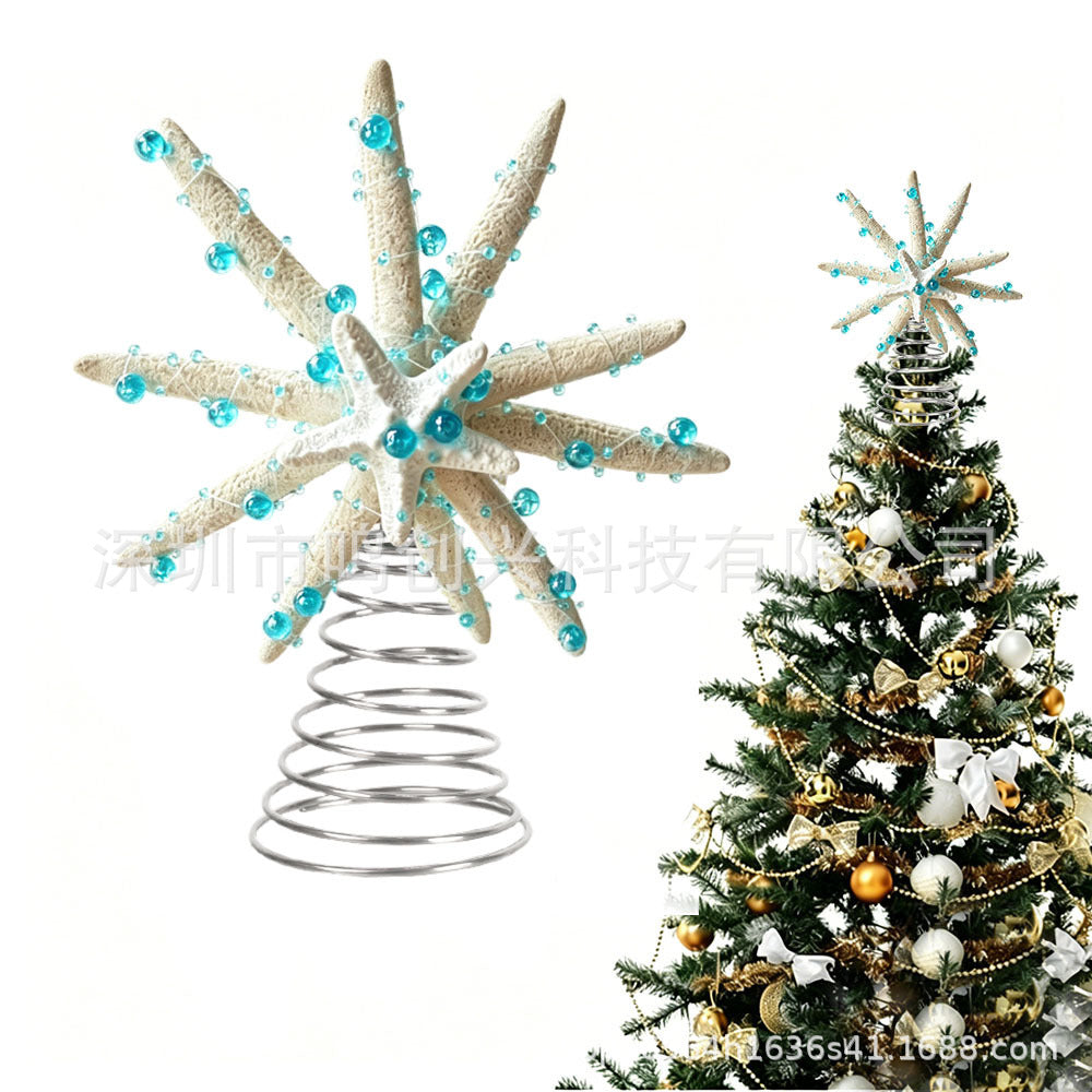 Double-Layer Starfish Tree Topper with Blue Beads for Christmas Beach Style Decor