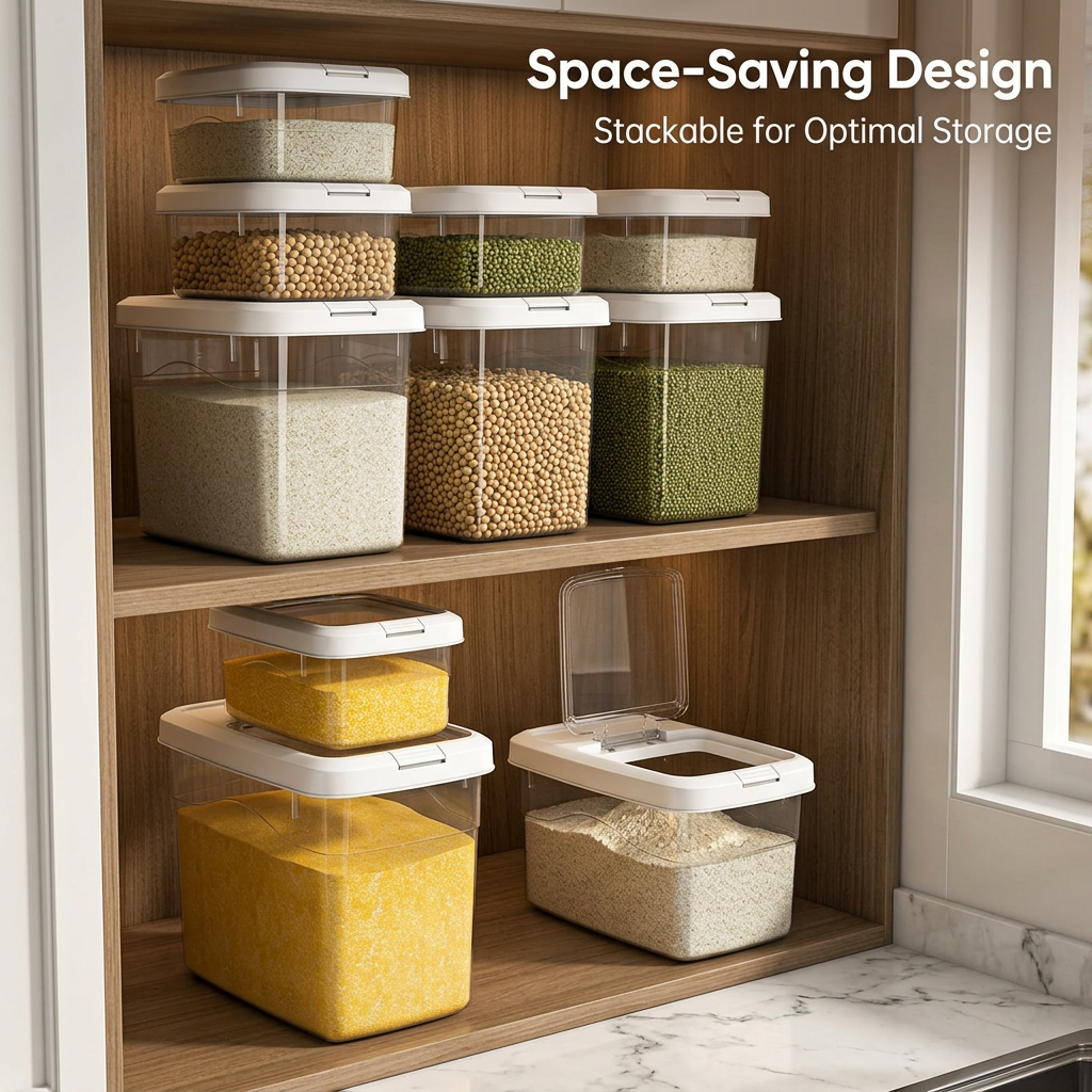 Airtight Food Storage Containers, Large Capacity Rice Bucket, Press Button Dispenser with Measuring Cup, Food Storage Bin for Home Kitchen Organizer