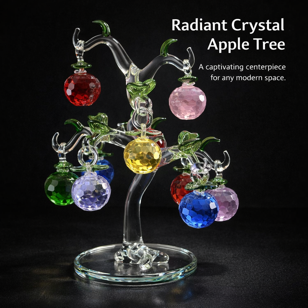 White Crystal fruit Tree Figurine with 6 Hanging Apples, Desktop Decoration Table Centerpiece, Ornament Gift Box for Collectors