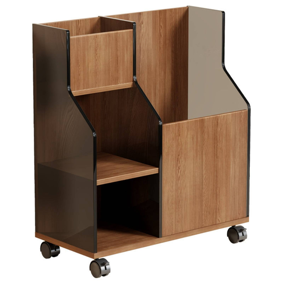 Caster Wheels Wheeled Storage Rack Open Front Exercise Mat Rack Wood Grain Exercise Storage Cabinet Compact