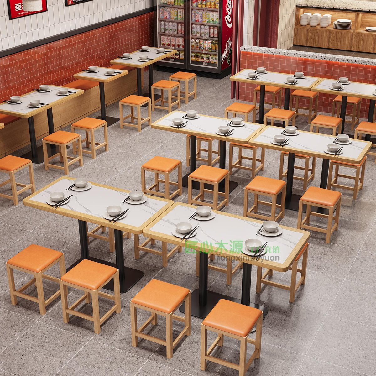 面馆快餐小吃店商用靠墙卡座沙发餐厅奶茶汉堡店实木桌椅组合 红色方凳子